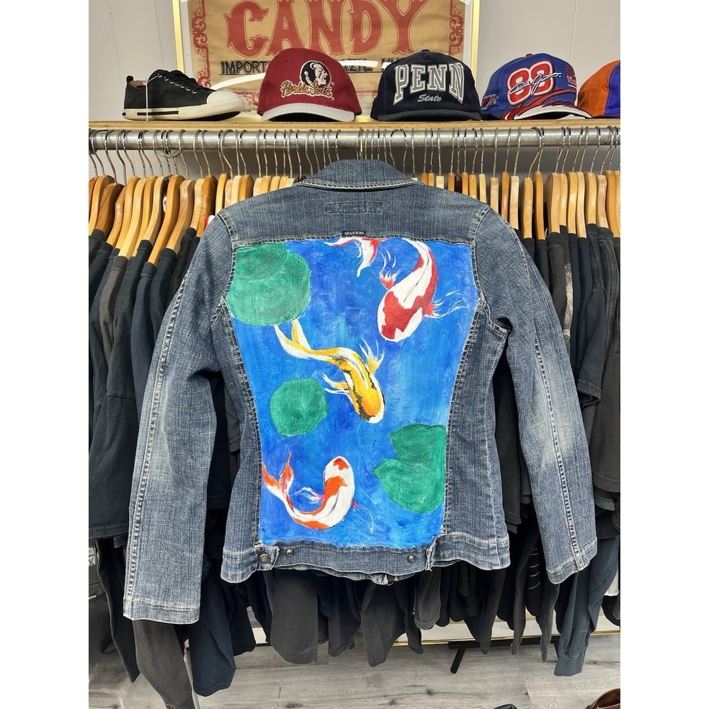 Vintage Y2K Silver Jeans Hand Painted Koi Fish Denim Jacket Size Small